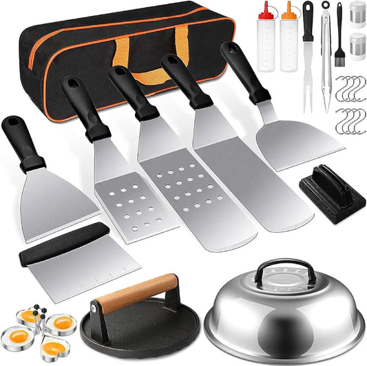 Kit de 29 Piezas para Parrilla – Espátulas, Prensa para Hamburguesas y Accesorios