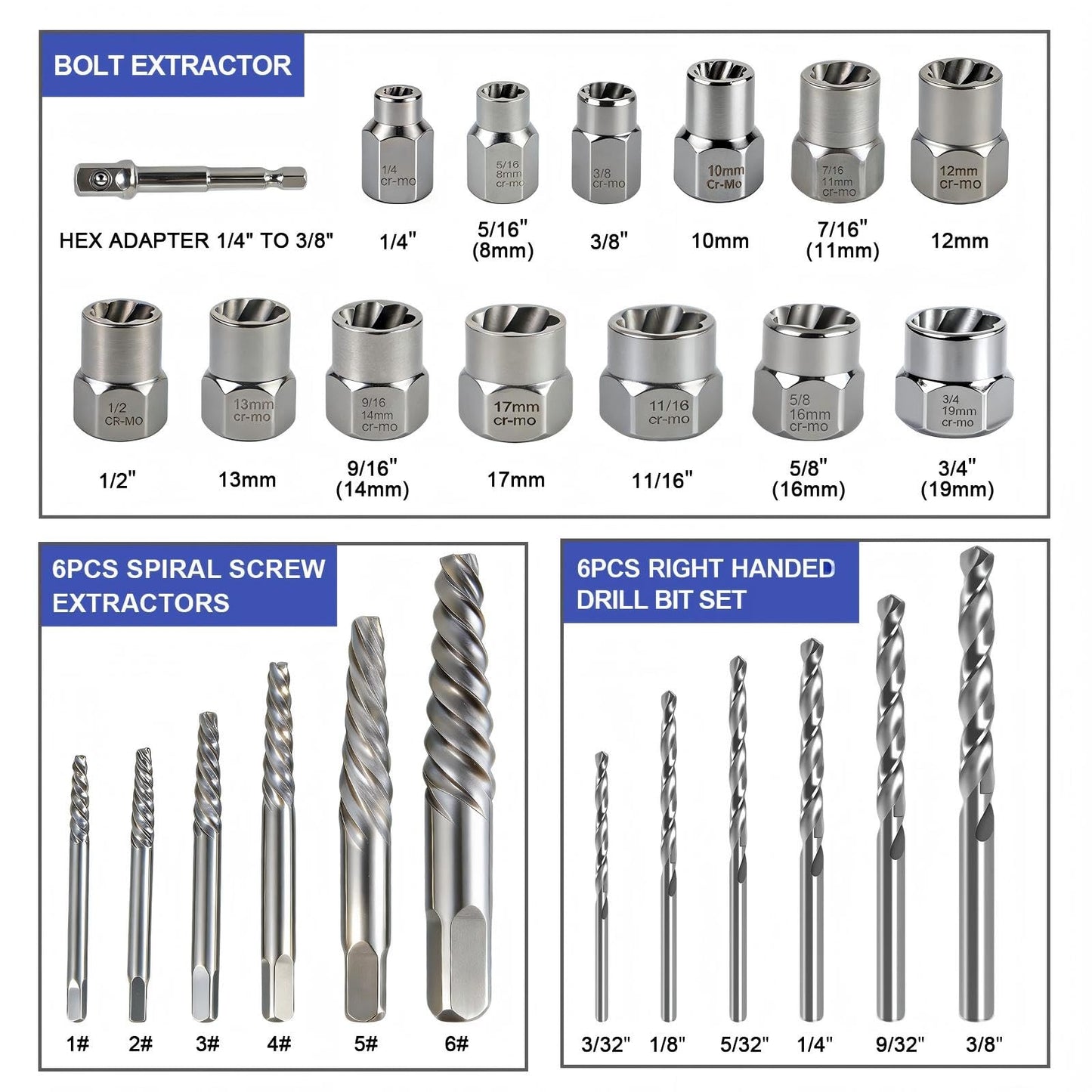 Kit Profesional de Extractores de Tornillos y Pernos Dañados (26 Piezas)
