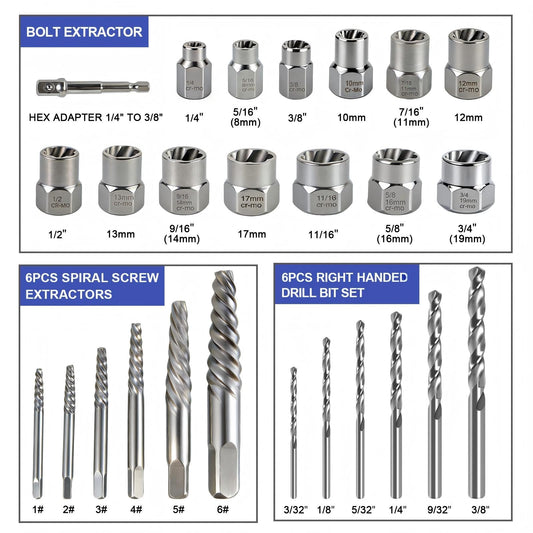 Kit Profesional de Extractores de Tornillos y Pernos Dañados (26 Piezas)