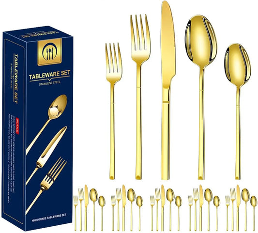 Juego de Cubiertos de Acero Inoxidable de 30 Piezas – Diseño Elegante en Color Dorado