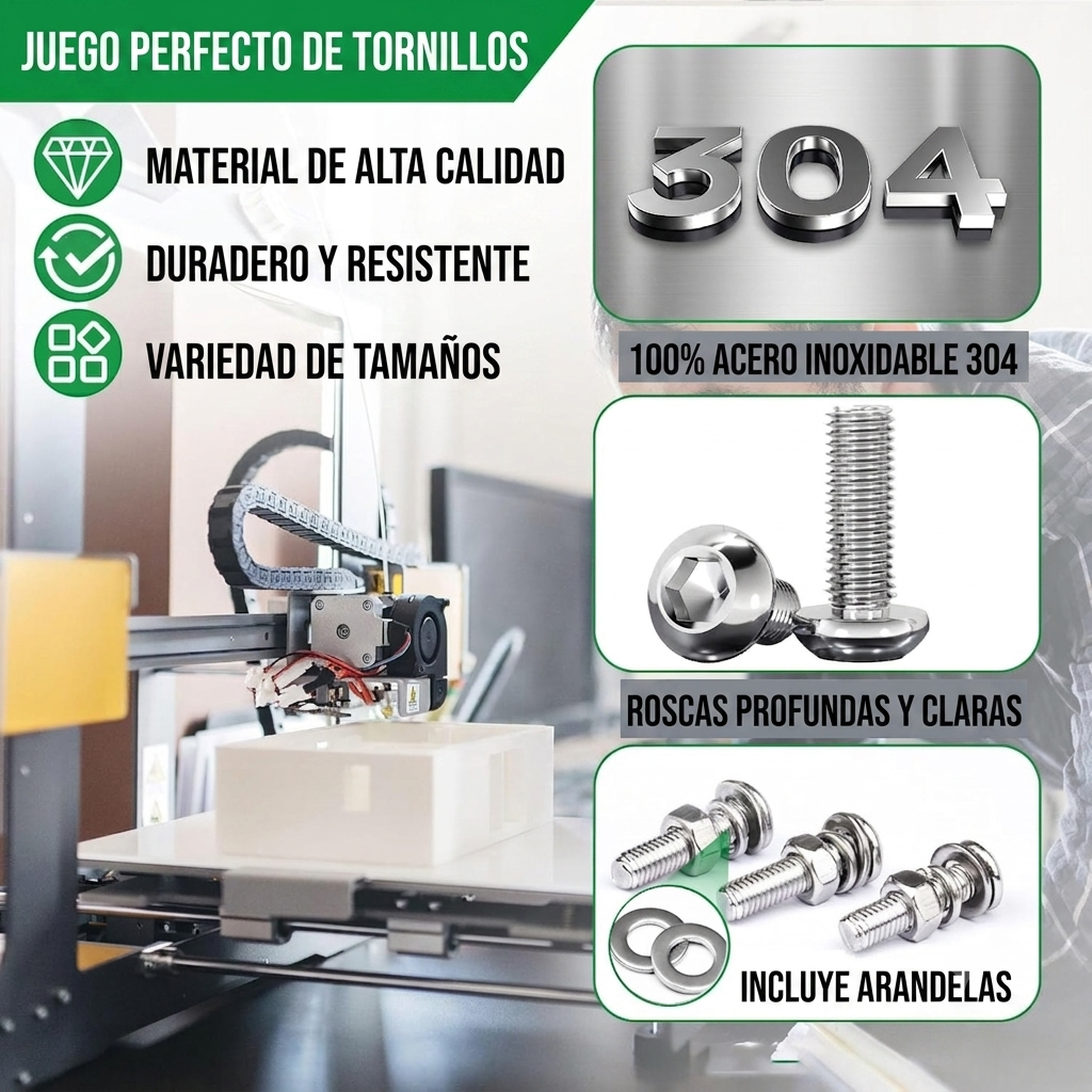 Set de Tornillos, Tuercas y Arandelas Acero Inoxidable 304 (880 Piezas)
