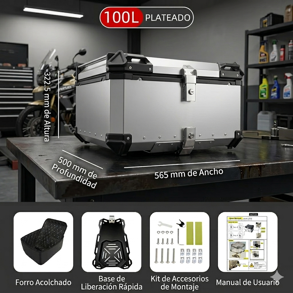 Cajón de Aluminio Premium para Motocicleta (100 Litros)