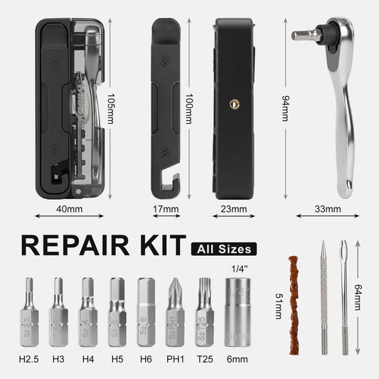 Kit de Reparación de Bicicleta Portátil con Ratchet y Tubeless
