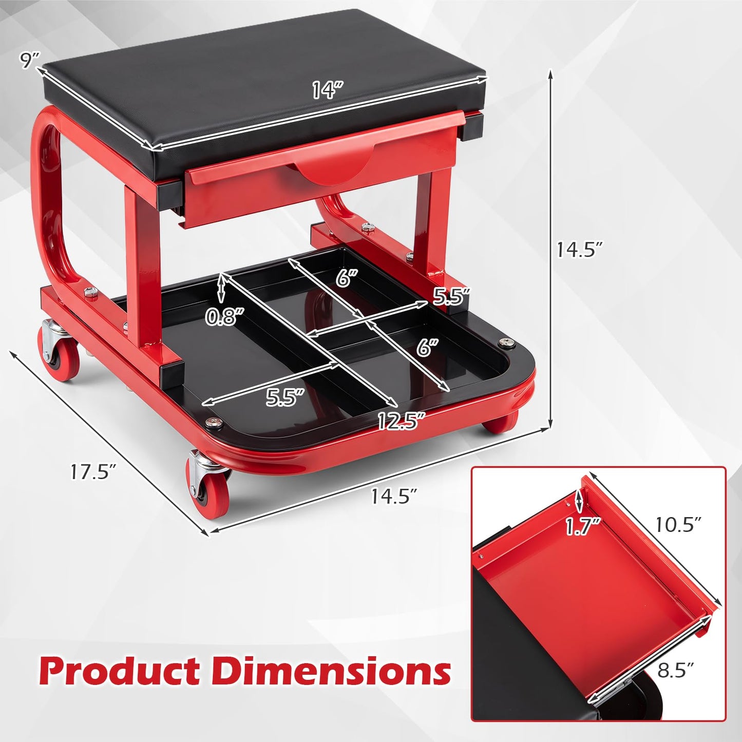 Asiento Mecánico Rodante con Cajón Organizador y Bandeja de Servicio (330 lbs / 150 kg)